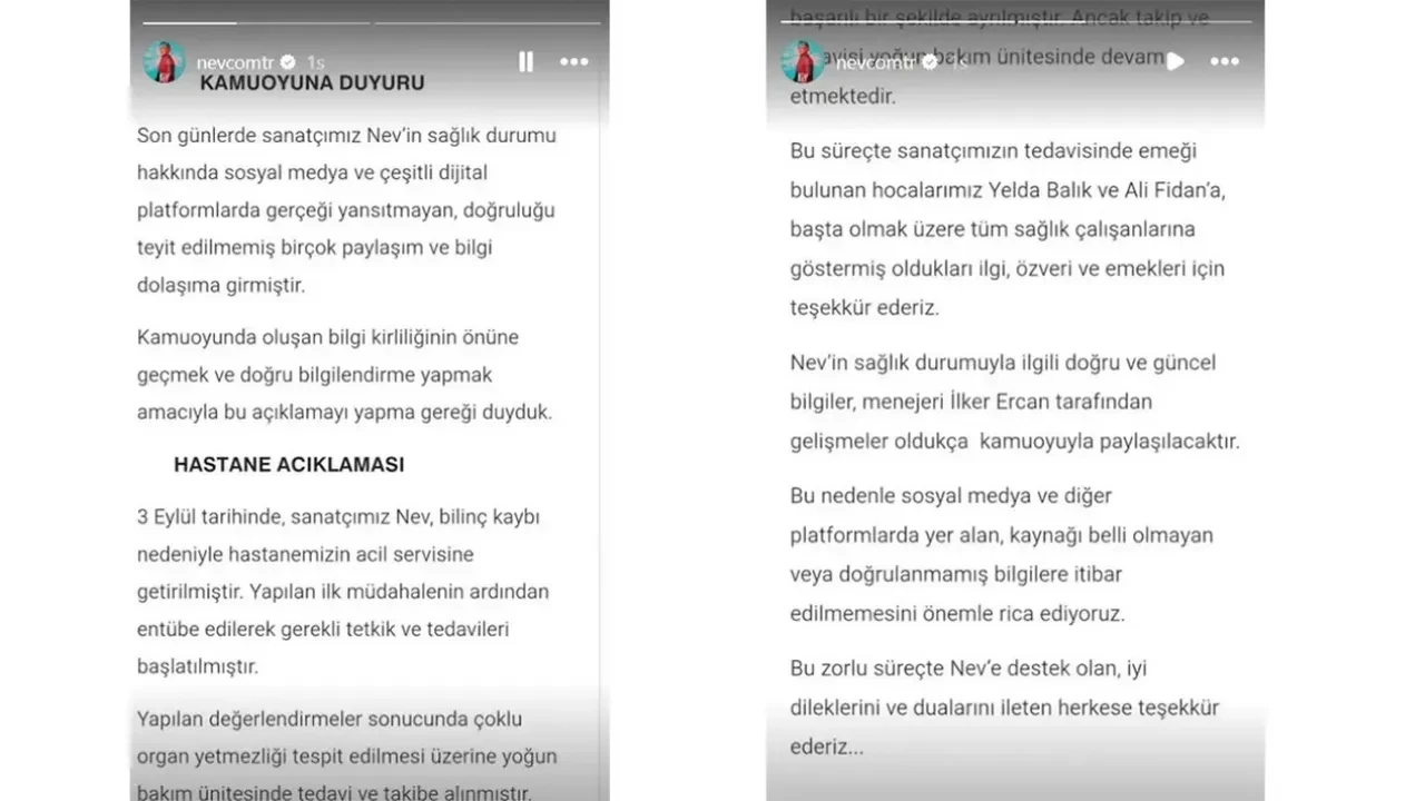 Şarkıcı Nev'den sevenlerini üzen haber! Sağlık durumuna ilişkin açıklama geldi