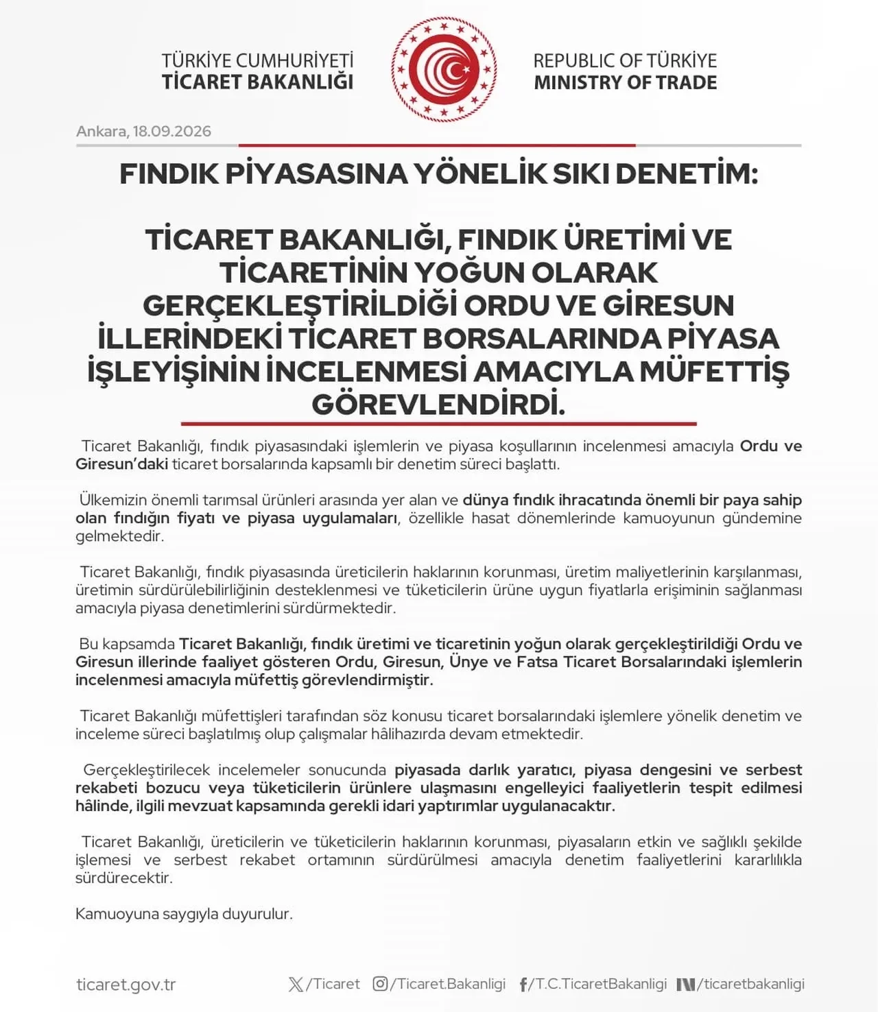 Ticaret Bakanlığı'ndan fındık piyasasına müfettiş hamlesi: Giresun ve Ordu'da denetim başlatıldı