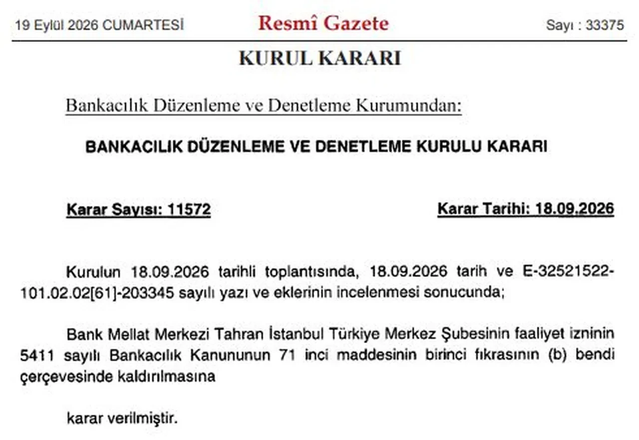 BDDK İran bankası Bank Mellat'ın Türkiye merkez şubesinin faaliyet iznini kaldırdı