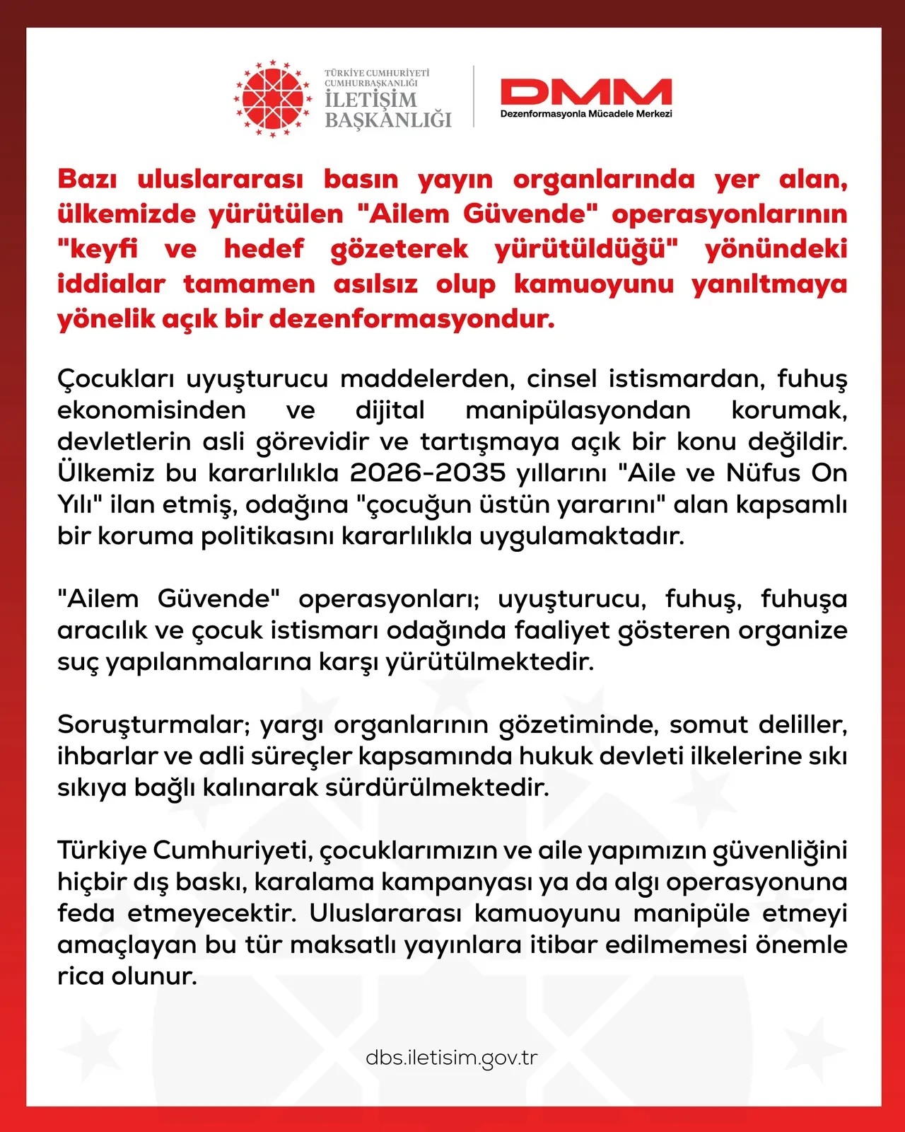 DMM'den yabancı basında çıkan 'Ailem Güvende' operasyonlarına ilişkin algı girişimine sert tepki: "Çocuğun üstün yararı odağımızda"