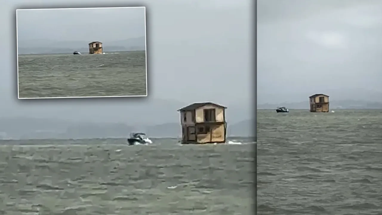 Tekneyle 2 katlı evi körfez boyunca denizde sürükledi, görenler şaşkına döndü