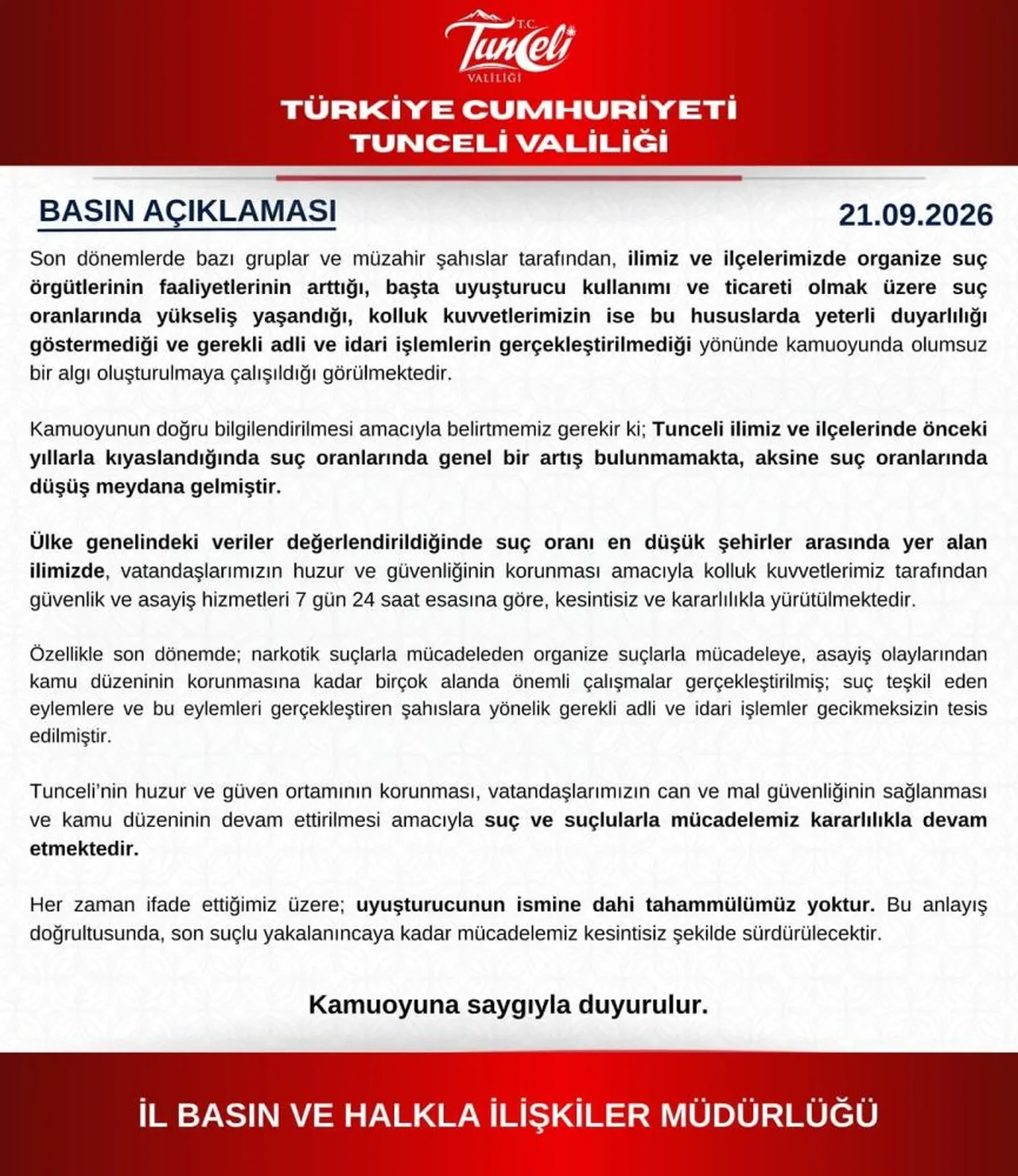 Tunceli Valiliği'nden iddialara sert cevap: 'Suç oranı en düşük şehirler arasında'