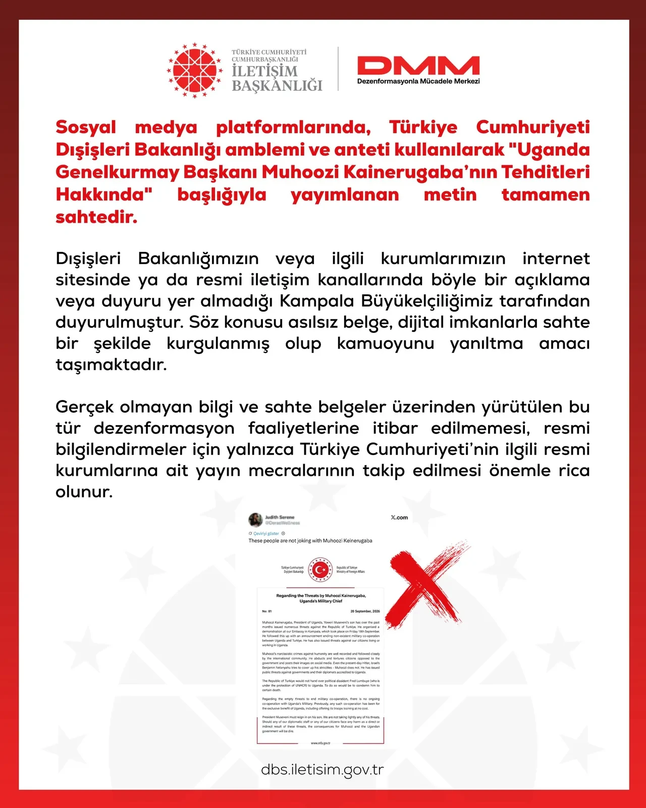 DMM'den 'Uganda Genelkurmay Başkanı Kainerugaba’nın Tehditleri Hakkında' metnine yalanlama