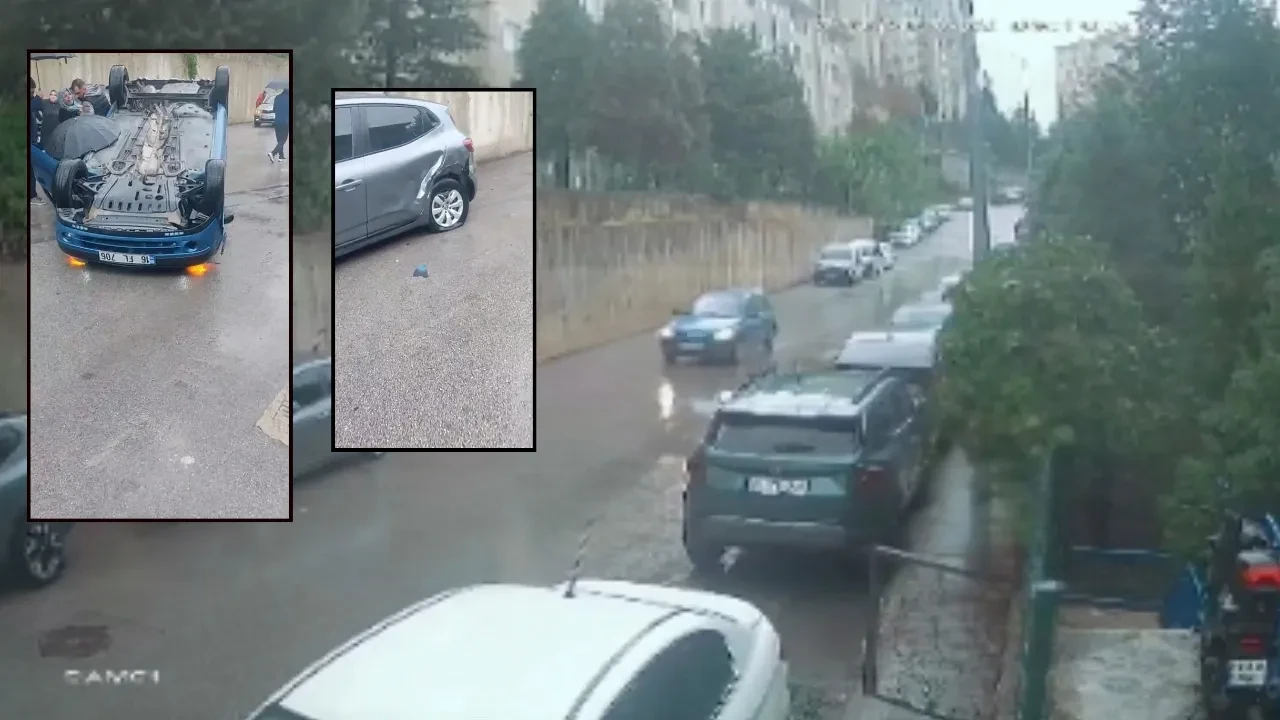 Kontrolden çıkan araç ters döndü! Bursa’daki korkunç anlar kamerada