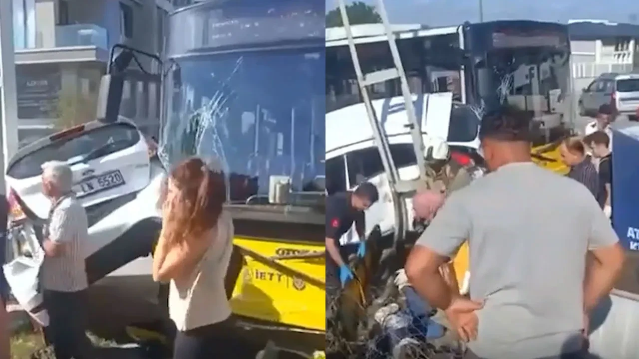 Sultanbeyli'de feci kaza! İETT otobüsüne otomobil saplandı
