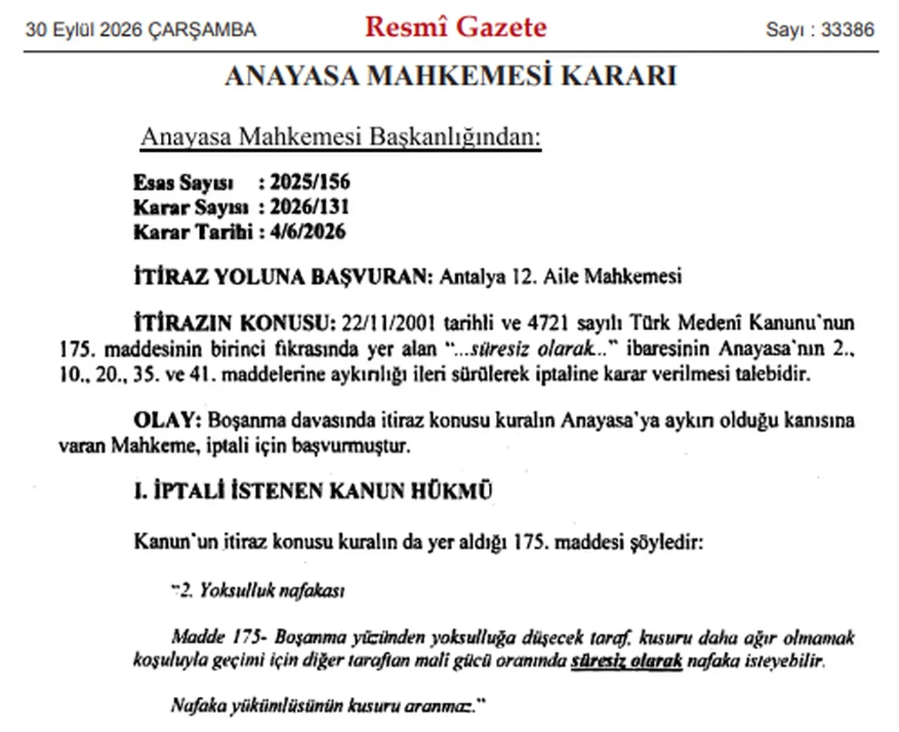 Süresiz nafaka iptal edildi: AYM kararı Resmi Gazete'de