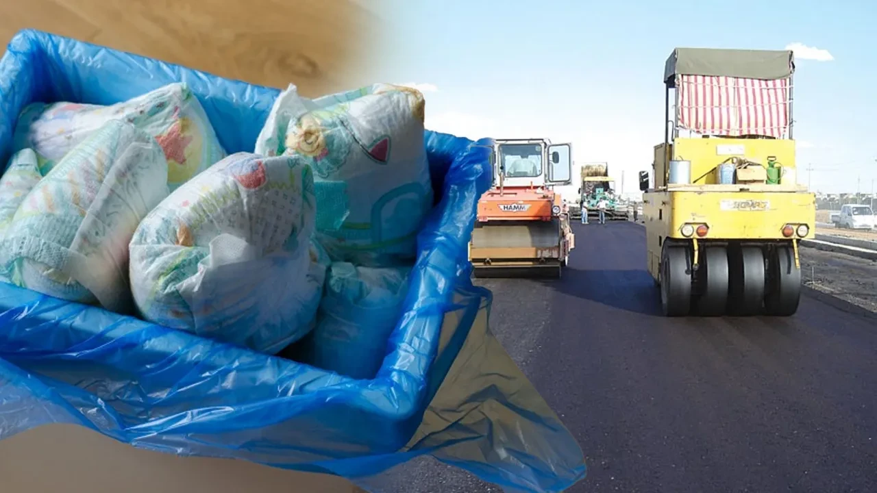 Kullanılmış bebek bezi asfalta karıştı, çöpe atmak yerine yol yaptılar