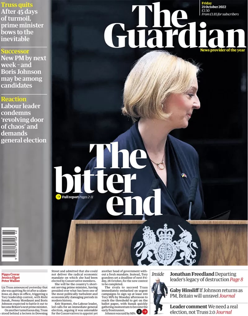 <p><strong>The Guardian</strong>, Liz Truss'ın istifasını ''<strong>Acı son</strong>'' olarak değerlendirirken eski Başbakan Boris Johnson'ın yeniden sahnede olabileceğini yazdı.</p><p> </p>