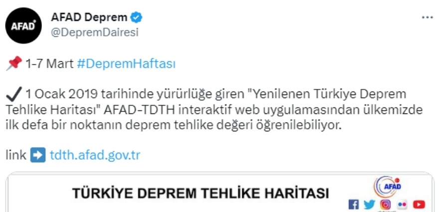 <p>AFAD Deprem ve Risk Azaltma Genel Müdürlüğünün sosyal medya hesabından yapılan paylaşımda, 