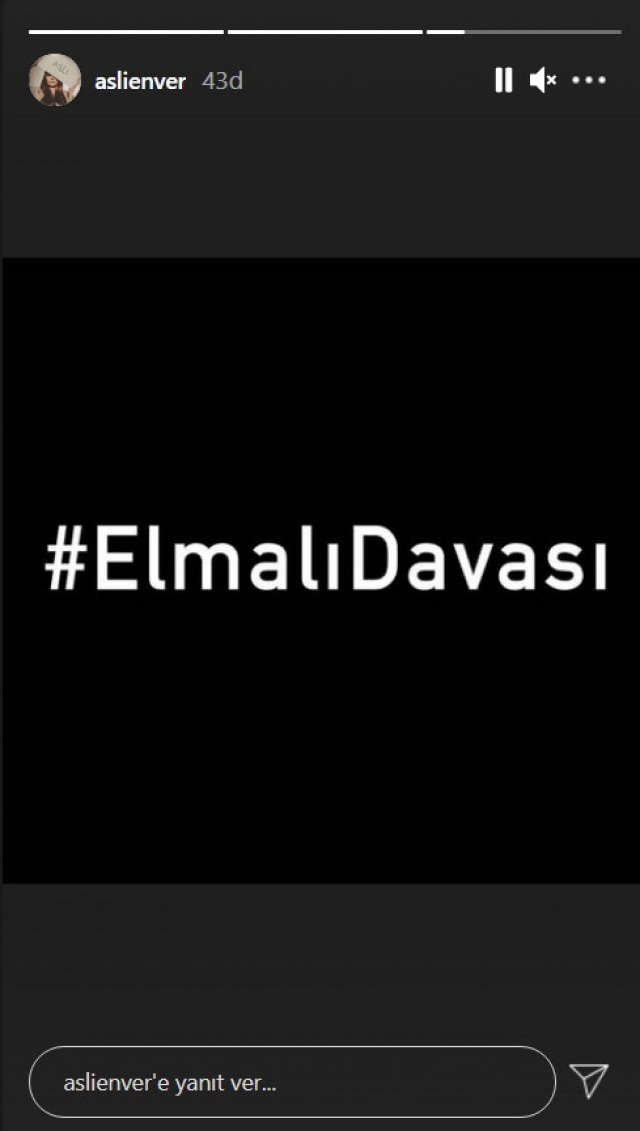 Aslı Enver, sosyal medya hesabından #ElmalıDavası etiketiyle paylaşımda bulunarak tepki gösterdi