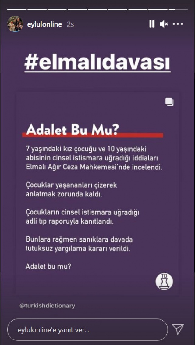 Eylül Öztürk, sosyal medya hesabından #ELMALIDAVASI etiketiyle paylaşımda bulundu