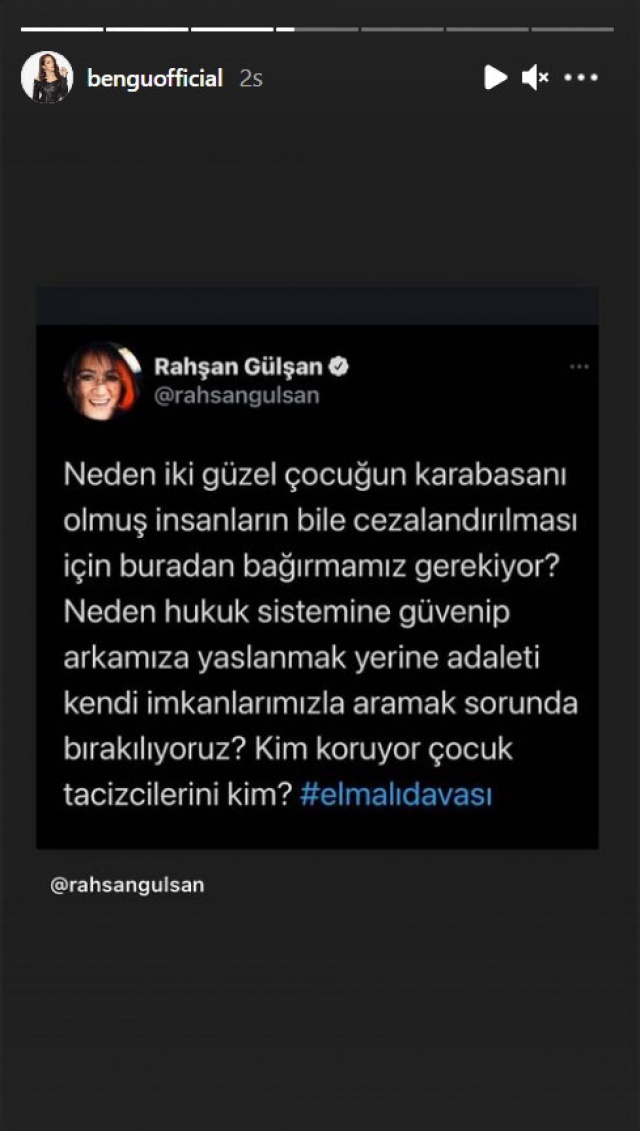 Bengü, Rahşan Gülşan'ın paylaşımını alıntılayarak Elmalı davasına tepki gösterdi.