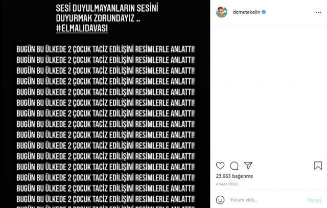 Demet Akalın, sosyal medya hesabından #ELMALIDAVASI etiketiyle 