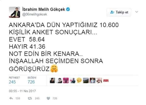 Son referandum anketi Gökçek'ten geldi, işte sonuçlar