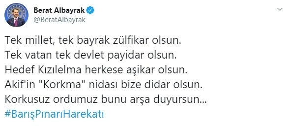 Bakan Albayrak'tan 'Barış Pınarı Harekatı' için destek mesajı