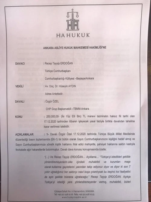 Cumhurbaşkanı Erdoğan'dan, Özgür Özel'e 250 bin TL'lik dava