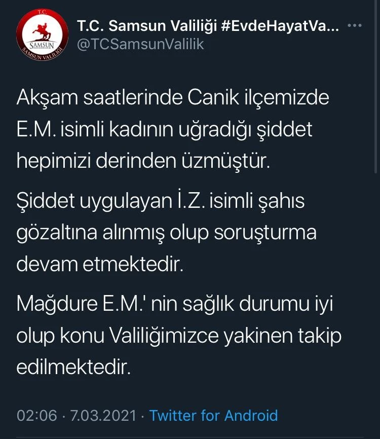 Samsun Valiliği’nden kadına şiddet açıklaması
