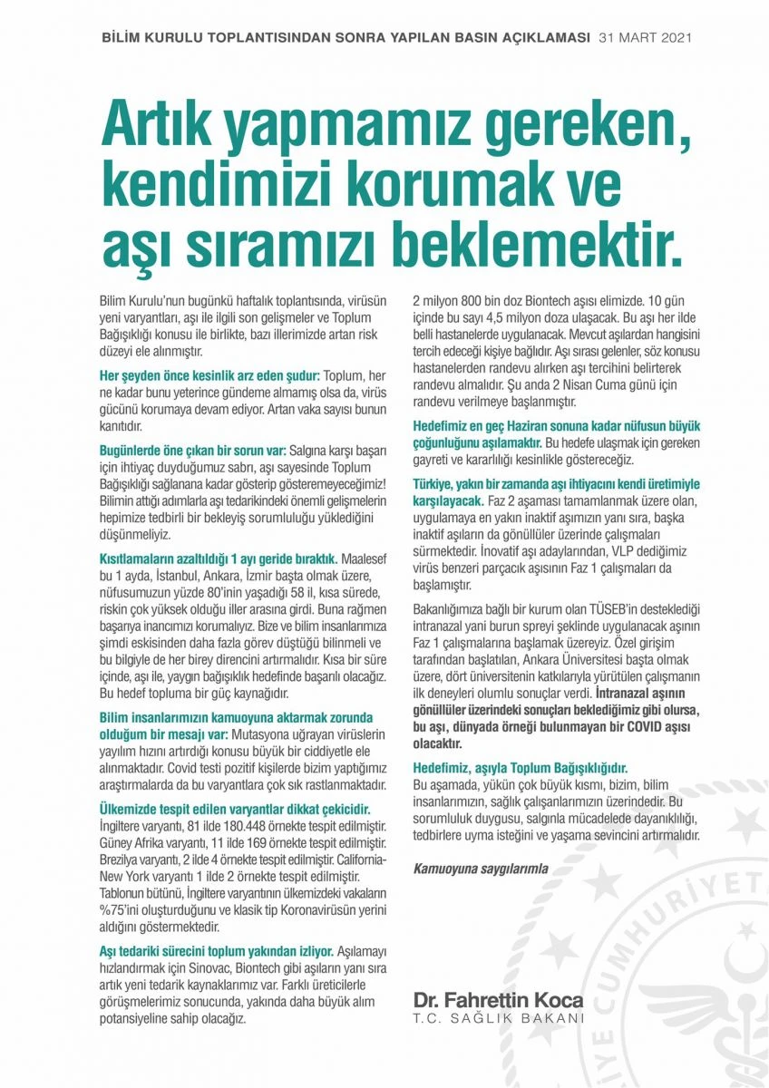 Bilim Kurulu toplantısı sonrası yazılı açıklama