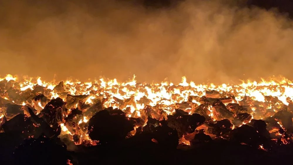 Biyokütle yakıtlı enerji santralindeki yangın 80 bin metrekarelik alanda sürüyor