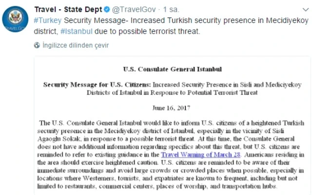 ABD İstanbul Konsolosluğu'ndan güvenlik uyarısı