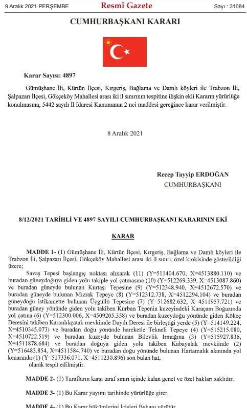 Trabzon ve Gümüşhane Sınırları Belirlendi: Resmi Gazete'de Yeni Karar
