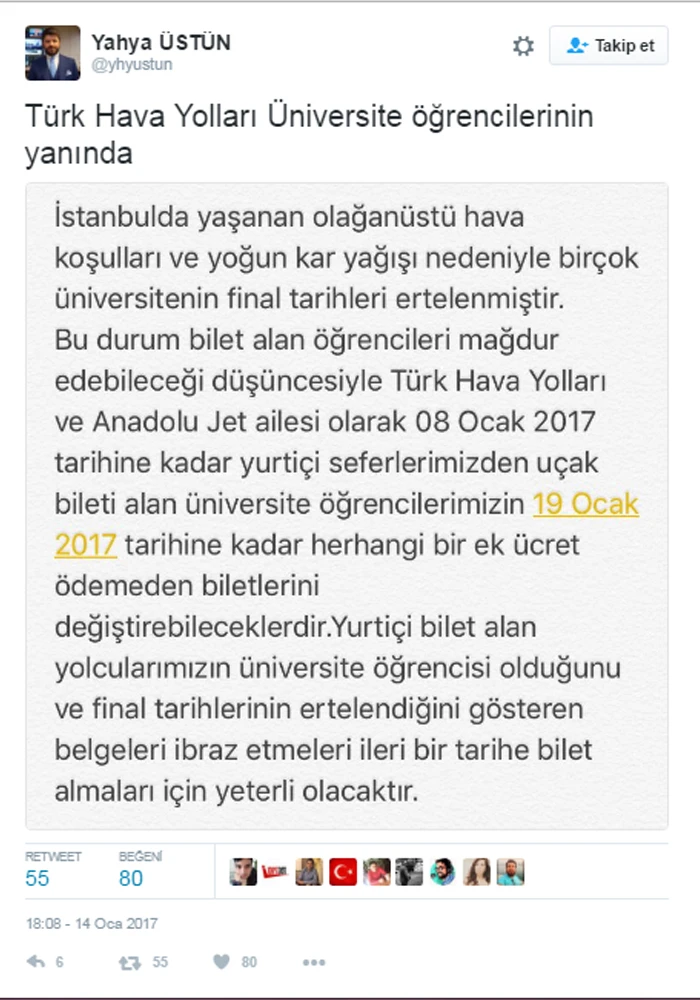 THY’den kar nedeniyle uçuşu iptal edilen öğrencilere 'ücretsiz erteleme'