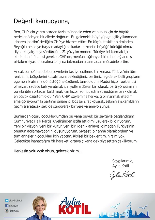 Aylin Kotil CHP’den istifa etti