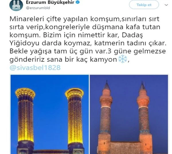 Sivas Belediyesi'nin kar çağrısına Erzurum Belediyesi'nden yanıt