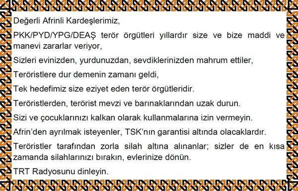 TSK, Afrinlilere havadan bildiri attı