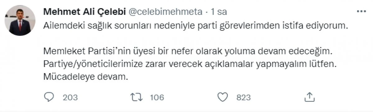 Mehmet Ali Çelebi Memleket Partisi’nden istifa etti