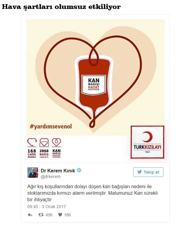 Türk Kızılayı Genel Başkanı Kerem Kınık: Kan stoklarımız yetersizdir