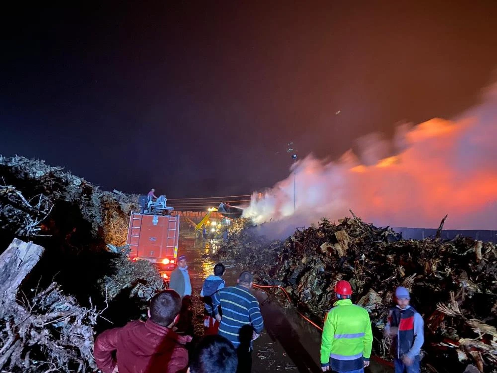 Biyokütle yakıtlı enerji santralindeki yangın 80 bin metrekarelik alanda sürüyor