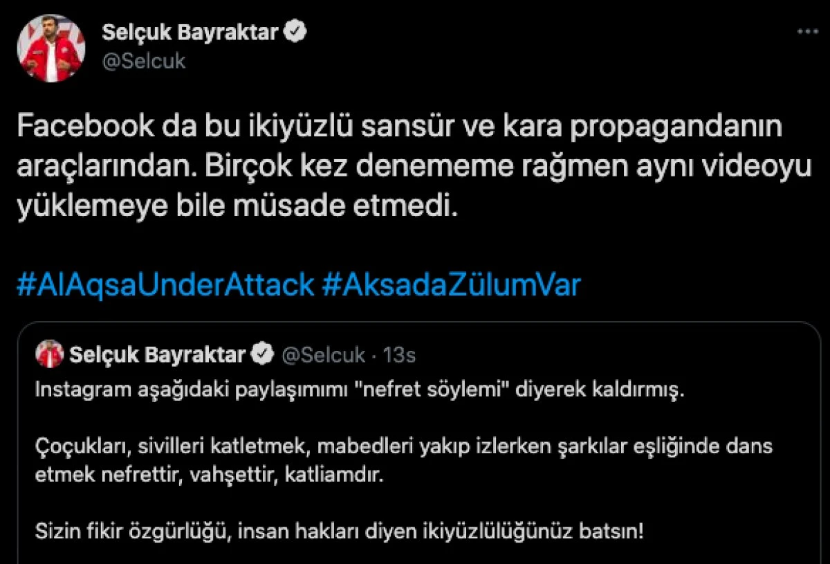 Selçuk Bayraktar'ın Mescid-i Aksa paylaşımlarına sansür