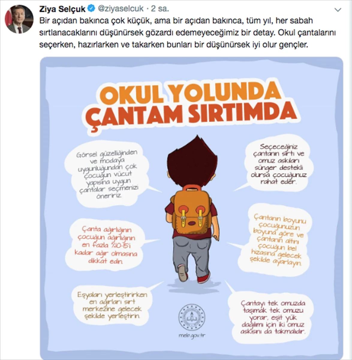 Bakan Selçuk'tan "okul çantası" paylaşımı