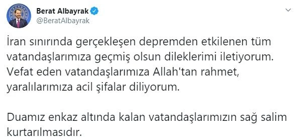 Bakan Berat Albayrak'tan İran depremi sonrası geçmiş olsun mesajı