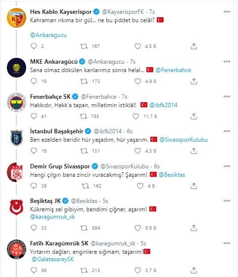 Futbol kulüplerinin başlattığı İstiklal Marşı paylaşımları büyük beğeni topluyor