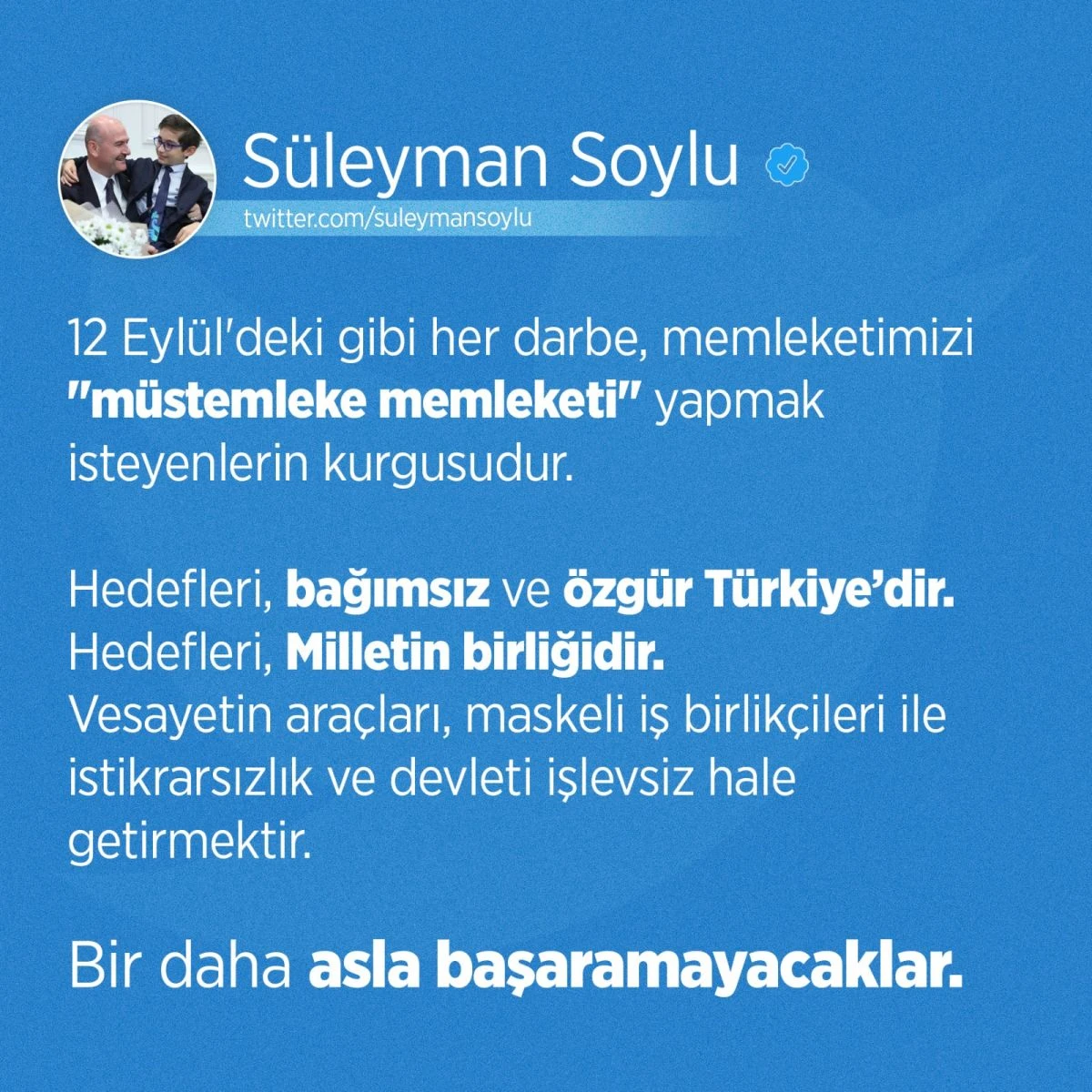 Süleyman Soylu'dan 12 Eylül darbesinin 41. yılı mesajı: Bir daha asla başaramayacaklar