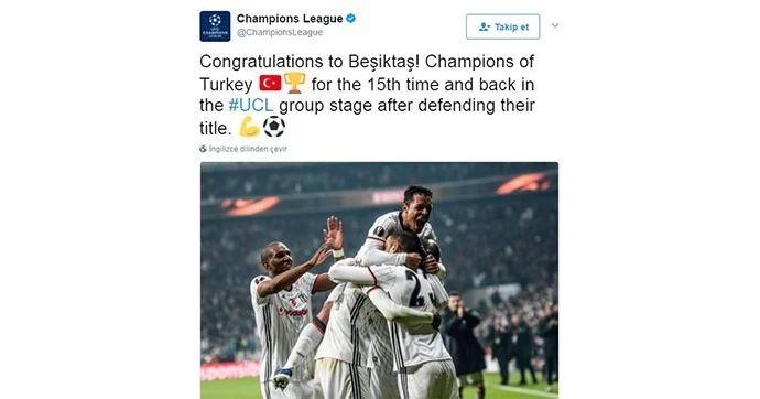 Şampiyonlar ligi'nden Beşiktaş'a özel tebrik