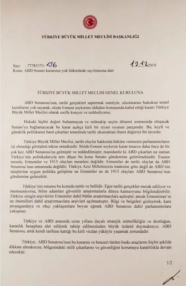 TBMM Genel Kurulunda ABD Senatosunun 'Ermeni kararı' ortak bildiriyle kınandı