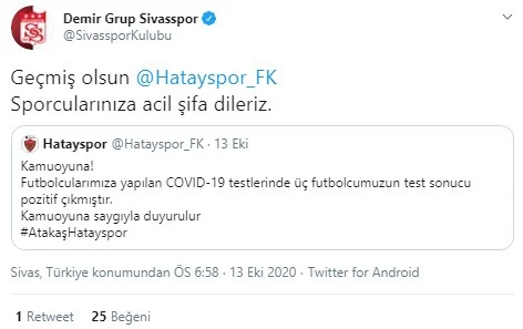 Sivasspor'dan Hatayspor'a geçmiş olsun mesajı
