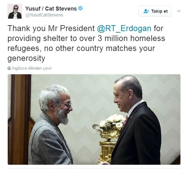 Yusuf İslam'dan Cumhurbaşkanı Erdoğan'a teşekkür