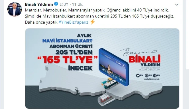 Binali Yıldırım Mavi İstanbulkart indirimi