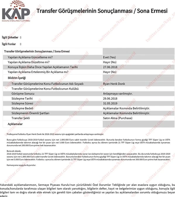 Galatasaray transferi borsaya bildirdi