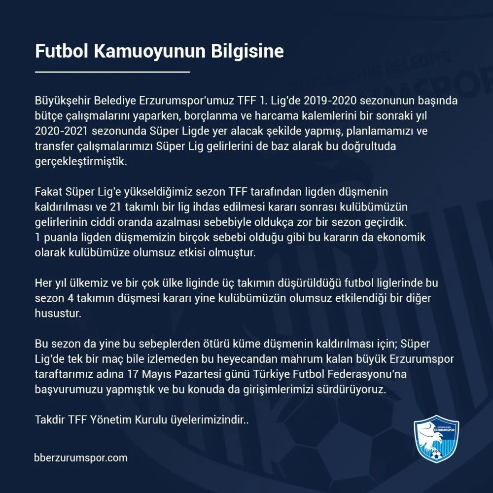 BB Erzurumspor'dan 'küme düşme kaldırılsın' başvurusu