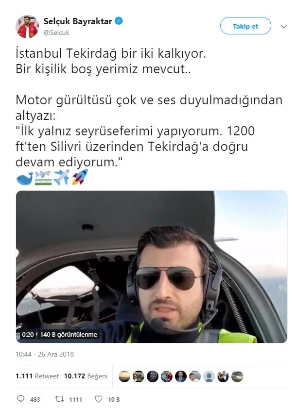 Hava aracı ile ilk seferini İstanbul'dan Tekirdağ'a Selçuk Bayraktar yaptı