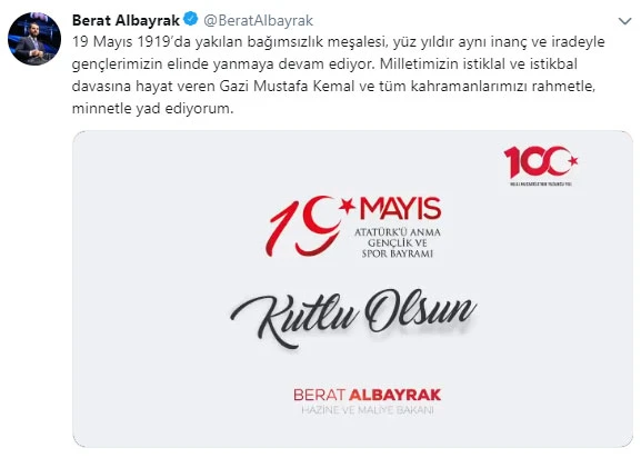 Bakan Albayrak'tan 19 Mayıs mesajı: Bağımsızlık meşalesi 100 yıldır yanıyor