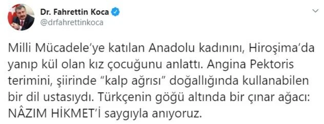 Sağlık Bakanı Koca'dan Nazım Hikmet paylaşımı