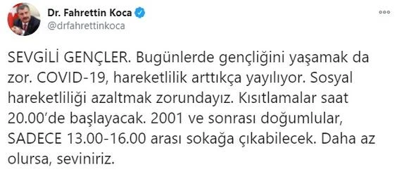 Sağlık Bakanı Koca'dan kısıtlamalar öncesi gençlere uyarı