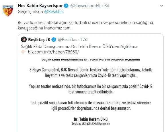 Kayserispor'dan Beşiktaş'a koronavirüs sonrası geçmiş olsun dileği