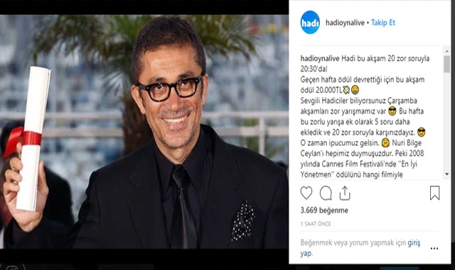 17 Ekim Hadi ipucusu sorusu ve cevabı! Nuri Bilge Ceylan hangi filmi ile En İyi Yönetmen ödülünü almıştır? HADİ SORUSU